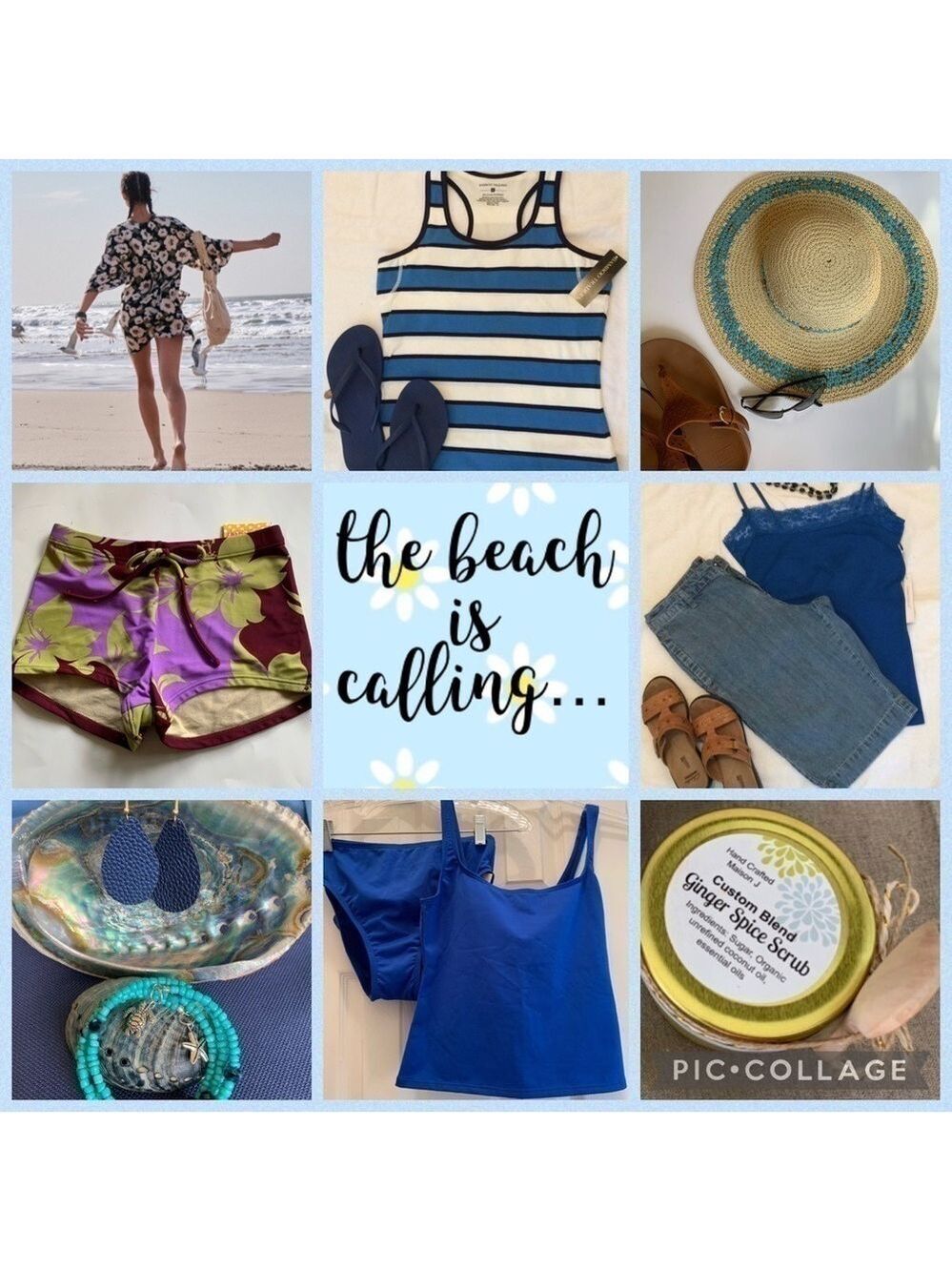 Beach, coastal vibe! Kimonos, swim suits, swim cover ups, sun hats, sandals